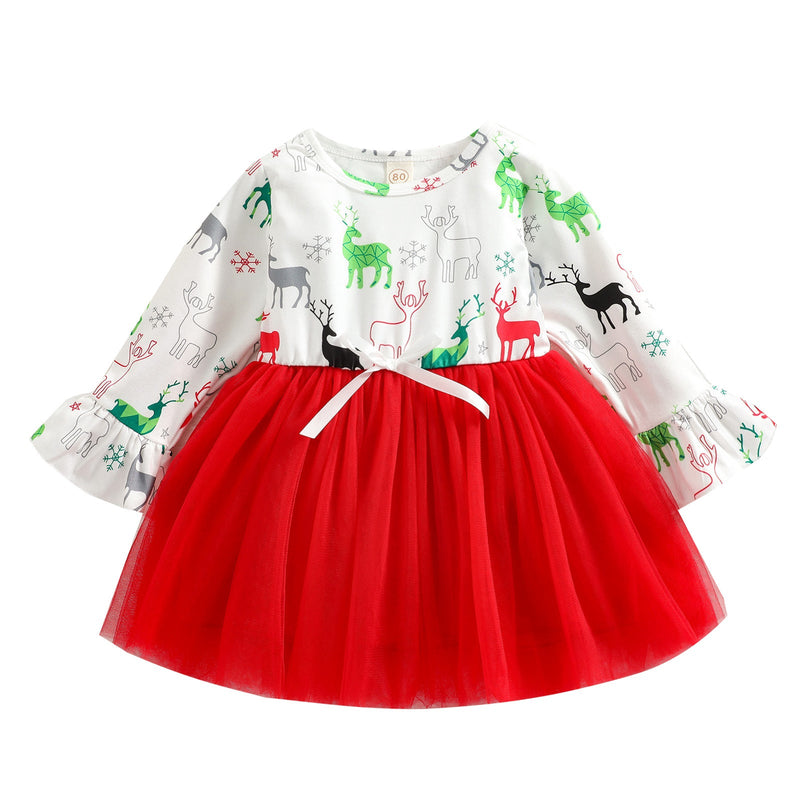 Christmas Trumpet Sleeve Elk Print Baby Girl Tutu Dress - PrettyKid