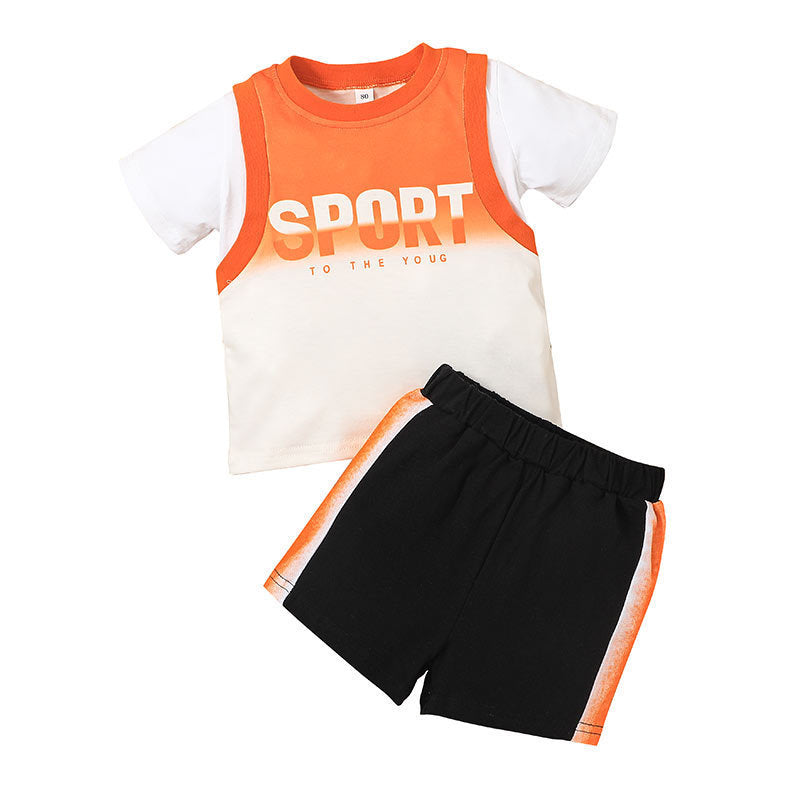 Baby Boy Fake Two-Piece Sport Print Top And Shorts Baby Outfit Sets - PrettyKid