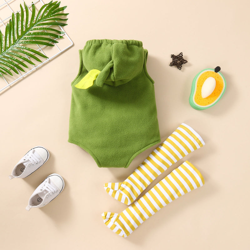 Baby Avocado Zipper Hooded Bodysuit And Striped Stockings Wholesale Baby Clothes Set - PrettyKid