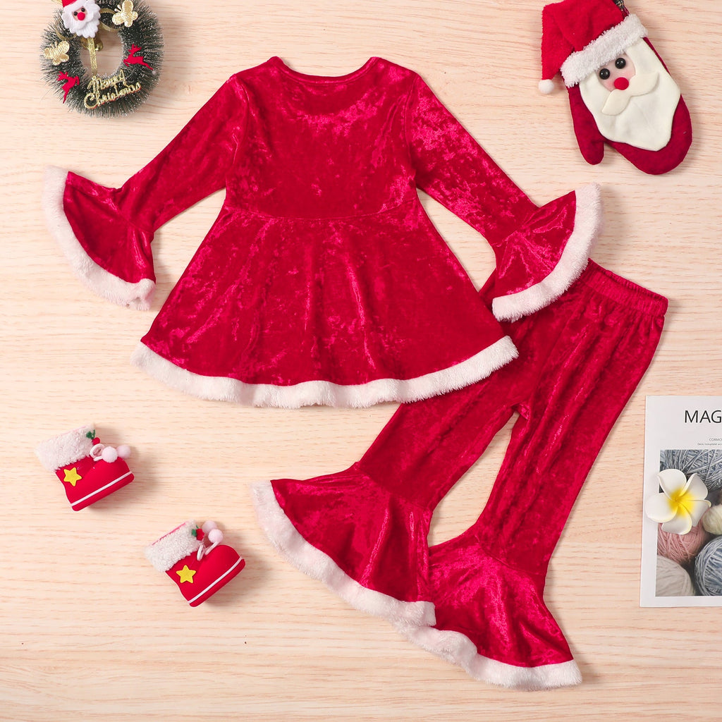 Christmas Velvet Flared Sleeves Top & Pants Little Girl Fall Clothes Sets - PrettyKid