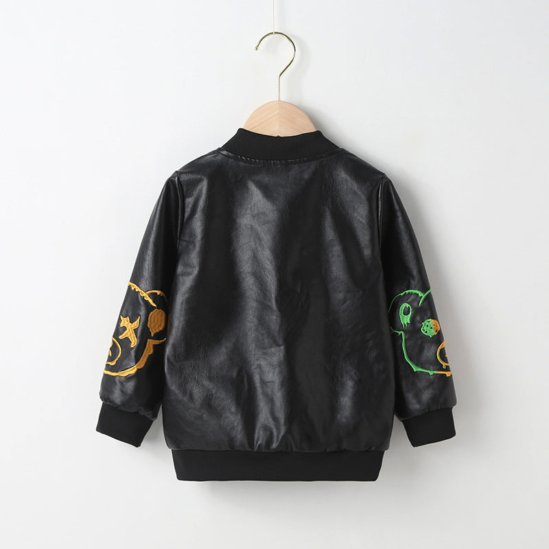 Bear Print Black Toddler Boy Leather Jacket - PrettyKid
