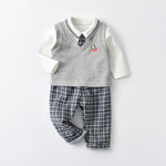 Boat Print Vest And Tie Bodysuit And Plaid Trousers Baby Outfit Sets - PrettyKid