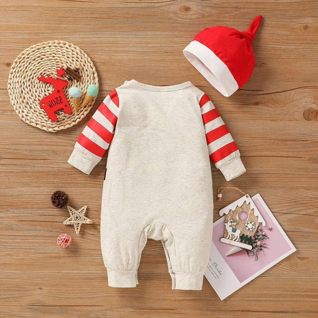 Christmas Stripes Santa Claus Pattern Baby Boy Romper Jumpsuit And Hat - PrettyKid