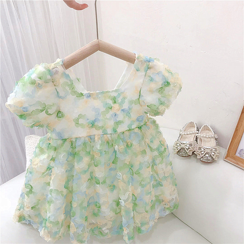 18M-6Y Cute Dresses For Girls Petal Print Puff Sleeves Square Neck Toddler Girl Wholesale Clothing - PrettyKid