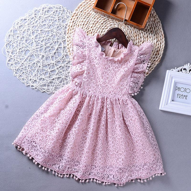 Girls Lace Fly Sleeve Princess Dress Round Neck Hollow Out Dress - PrettyKid