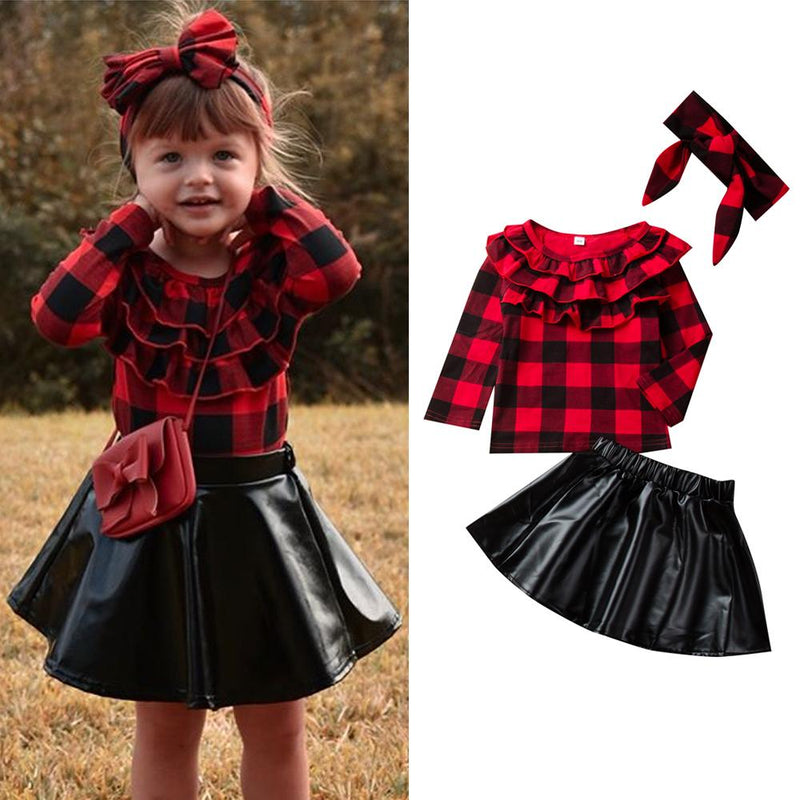 Pleated Collar Plaid Long Sleeve Tops & Leather Skirt - PrettyKid