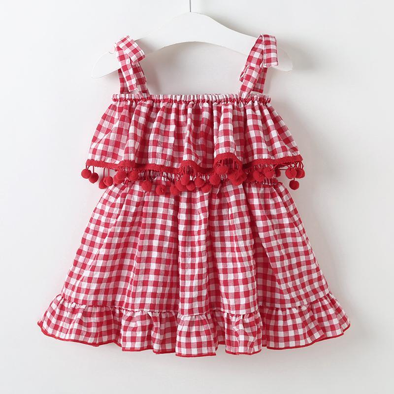 Summer Girls' Middle And Small Children's Suspender Plaid Ruffle Dress - PrettyKid