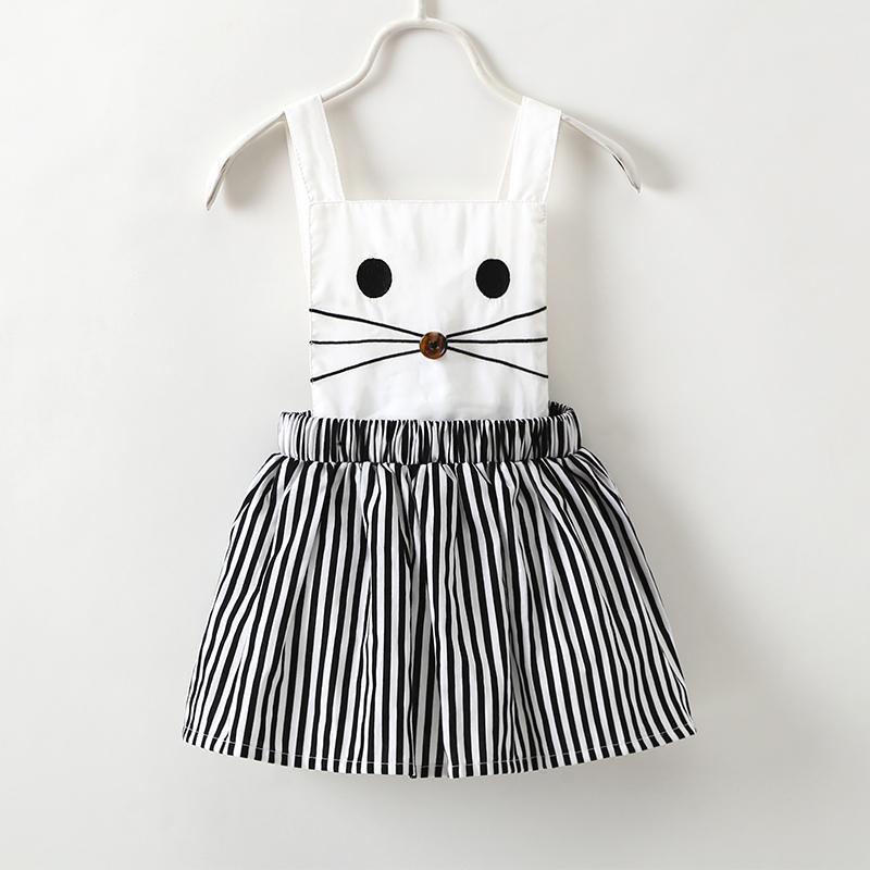 Cute Cat Embroidery Striped Design Dress For Baby Girls - PrettyKid