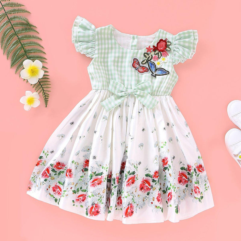 Baby Girls Plaid Floral Butterfly Embroidery Dress - PrettyKid