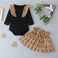 Stylish Solid Color Ruffled Top & Leopard Short Skirt - PrettyKid