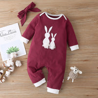 Baby Girls Rabbit Printed Long Sleeve Romper&Headband Wholesale Baby Rompers - PrettyKid