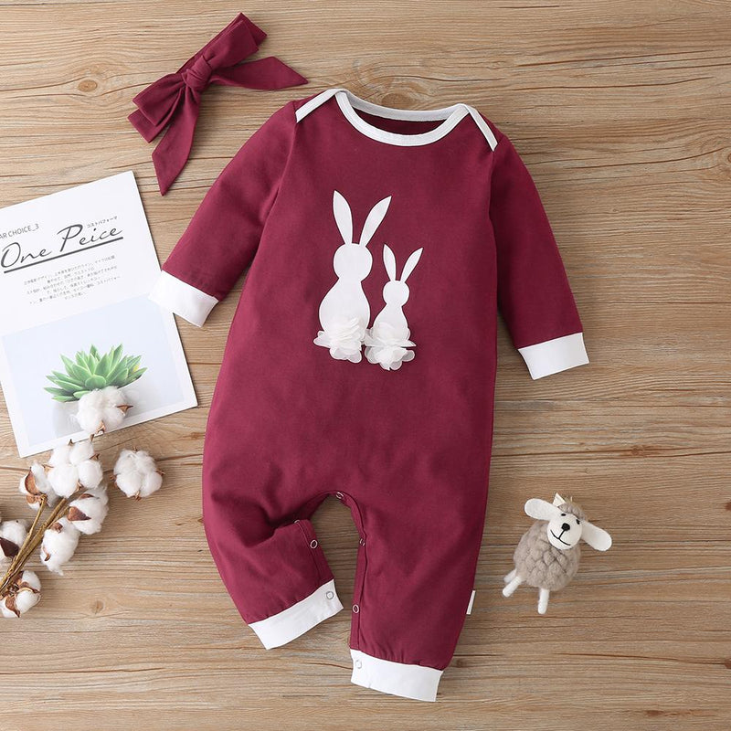 Baby Girls Rabbit Printed Long Sleeve Romper&Headband Wholesale Baby Rompers - PrettyKid