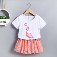 Girl Fashion Flamingo Cartoon Print Top & Short Skirt - PrettyKid