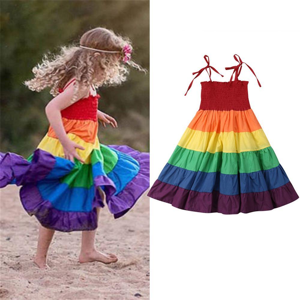 Girls Suspenders Rainbow Dress - PrettyKid