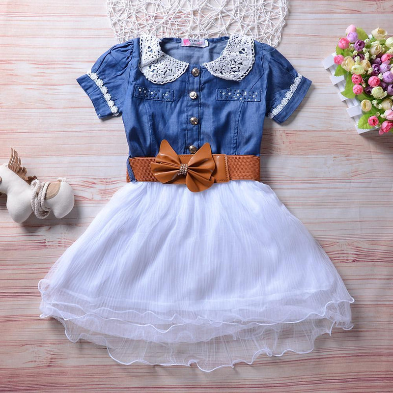 Fashionable Short Sleeve Denim Bow Belt Princess Mesh Skirt - PrettyKid