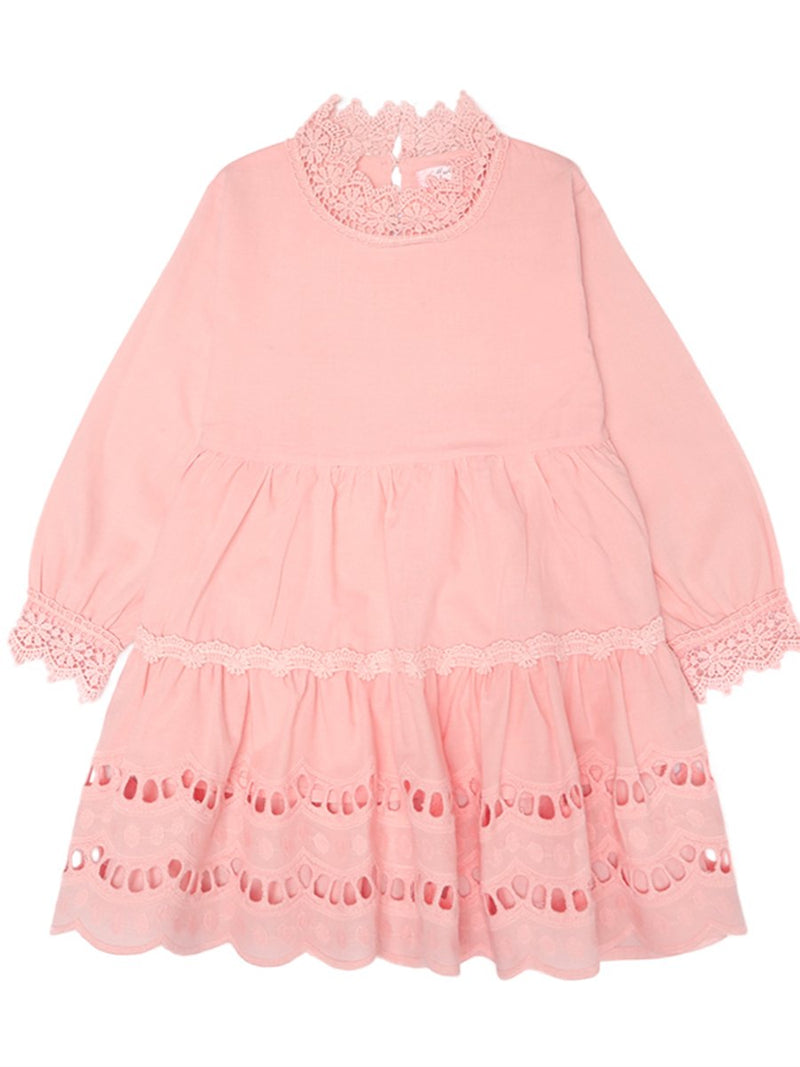 Girls Long Sleeve Lace Hollow Out Lace Collar Dress - PrettyKid