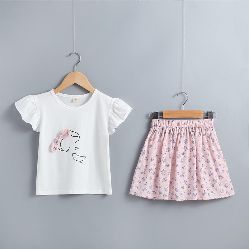 Toddler Girls Bowknot Decor Cartoon Girl Top & Floral Skirt - PrettyKid