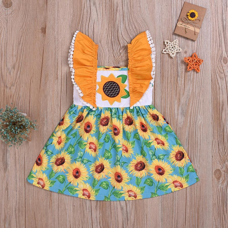 Toddler Girl Sunflower Allover Print Dress Fly Sleeve Princess Skirt - PrettyKid