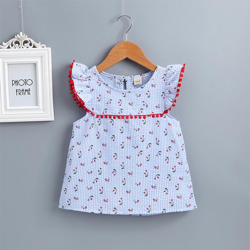 Girls Printed Lace Round Neck Flowers Flying Sleeve Dress - PrettyKid