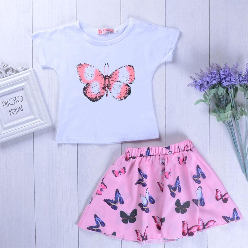 Fashionable Butterfly Print Round Neck Top & Cartoon Skirt - PrettyKid