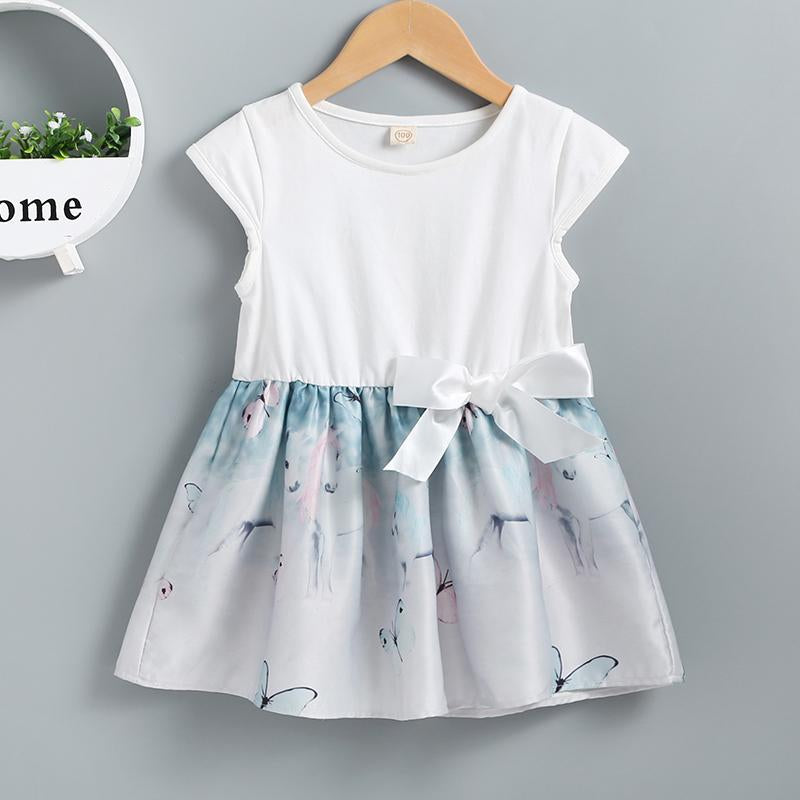 Girl Butterfly Print Spliced Short Sleeve Dress - PrettyKid