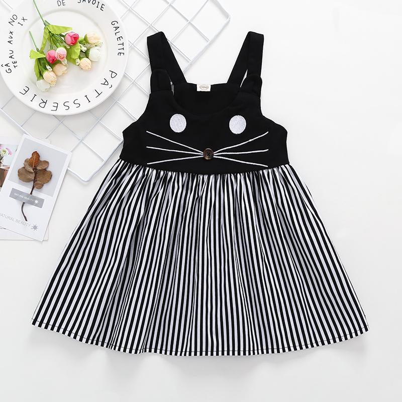 Summer New Girl's Cartoon Suspender Stripe Dress - PrettyKid