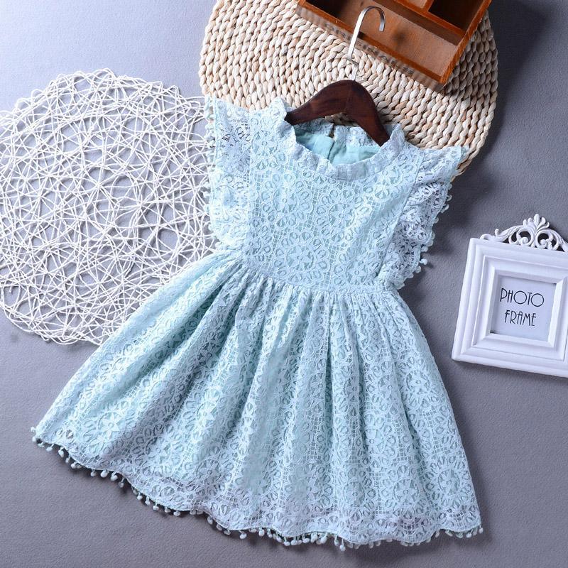 Girls Lace Fly Sleeve Princess Dress Round Neck Hollow Out Dress - PrettyKid