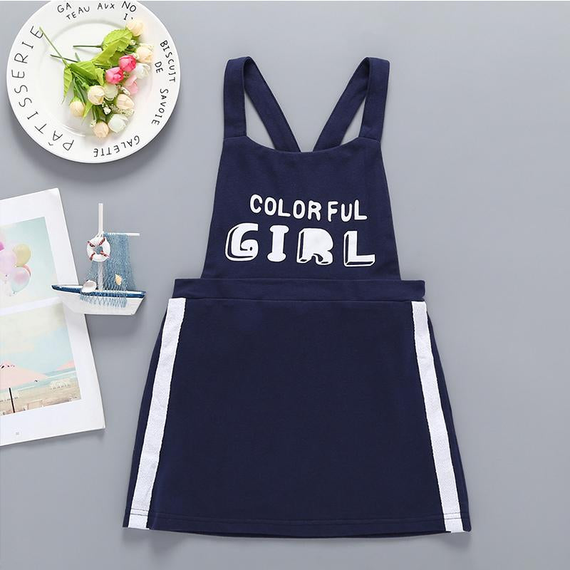 Girl's Letter Printed Back Belt Contrast Color Splice Dress - PrettyKid