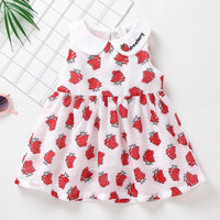 Girls Cute Lapel Strawberry Print Dress - PrettyKid