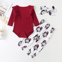 Baby Casual Solid Long Sleeve Romper & Floral Pants & Headband - PrettyKid