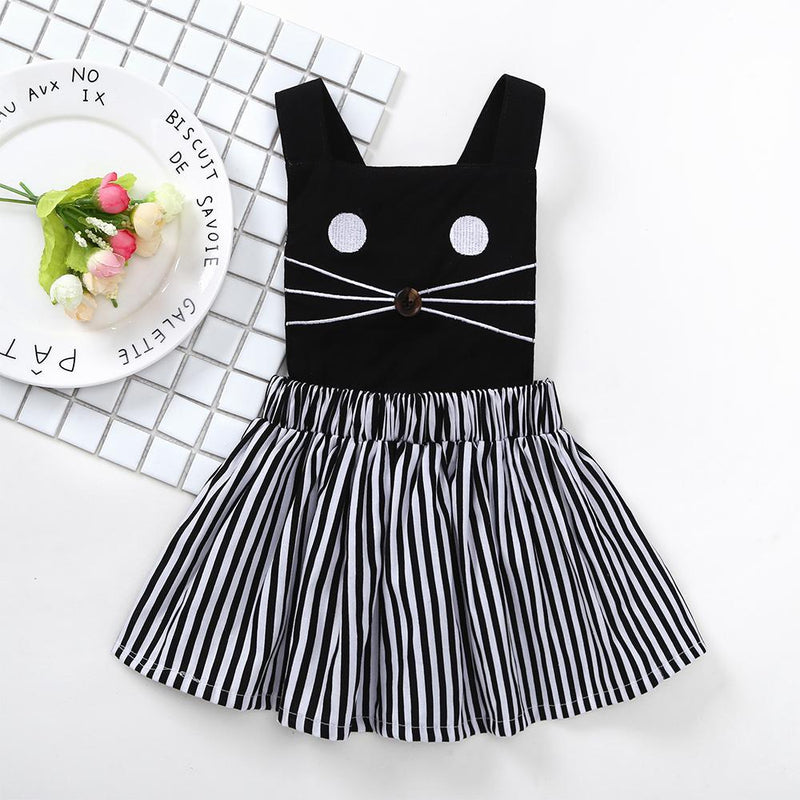 Cute Cat Embroidery Striped Design Dress - PrettyKid