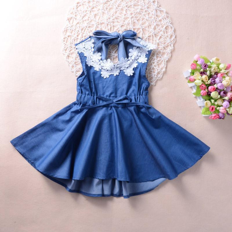 Fashionable Girls Imitation Denim Lace Flower Princess Dress - PrettyKid