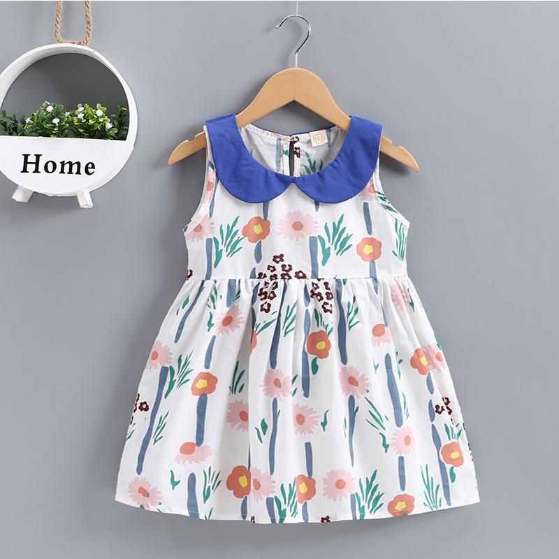 Girls Sleeveless Doll Collar Flower Print Splice Dress - PrettyKid