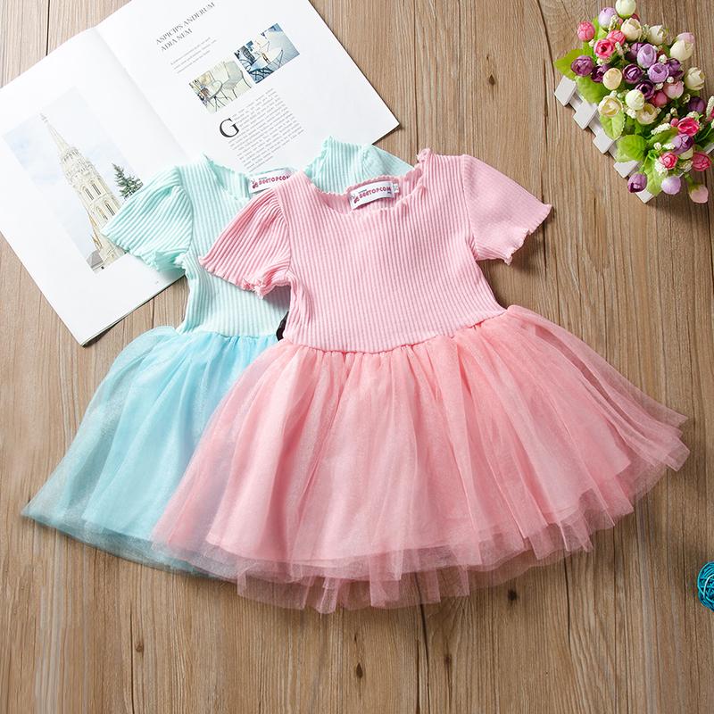 Fashionable Girls Solid Color Short Sleeve Splice Mesh Dress - PrettyKid