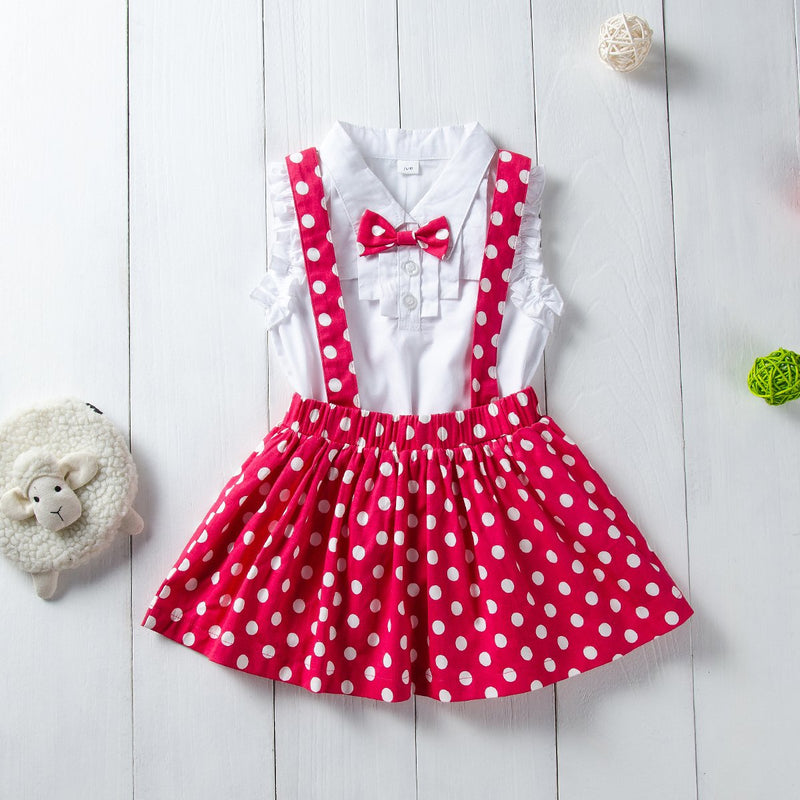 Fashionable 2-Piece Sleeveless Shirt & Polka Dot Strap Skirt - PrettyKid