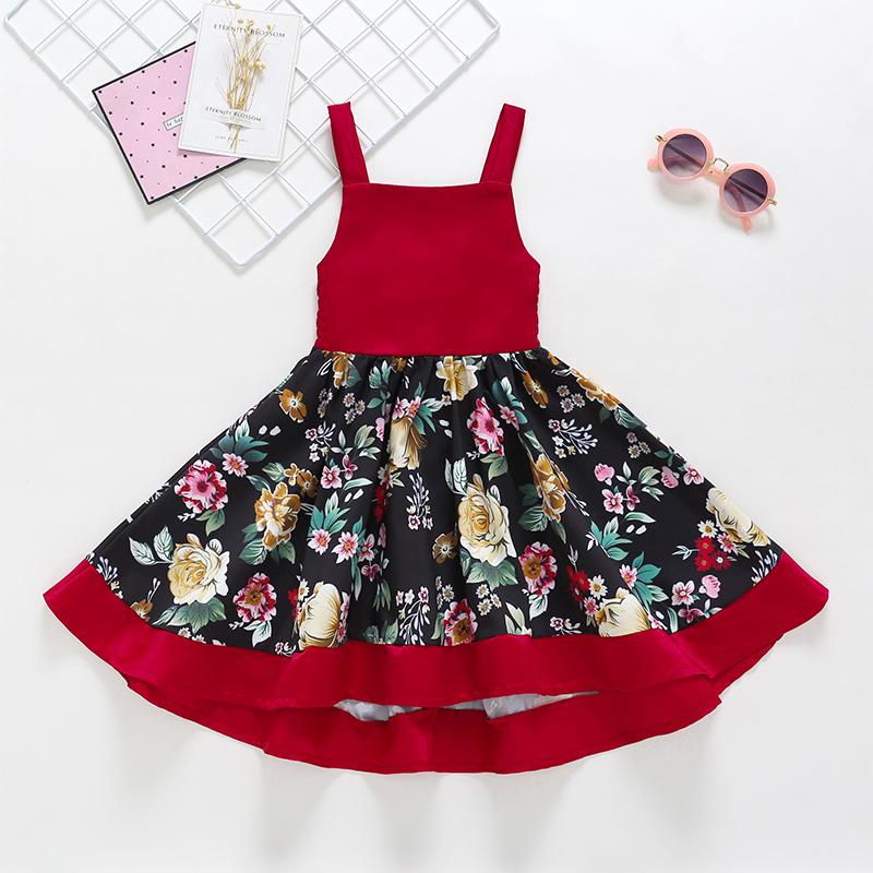 Summer Girls Splice Print Suspender Dovetail Dress - PrettyKid