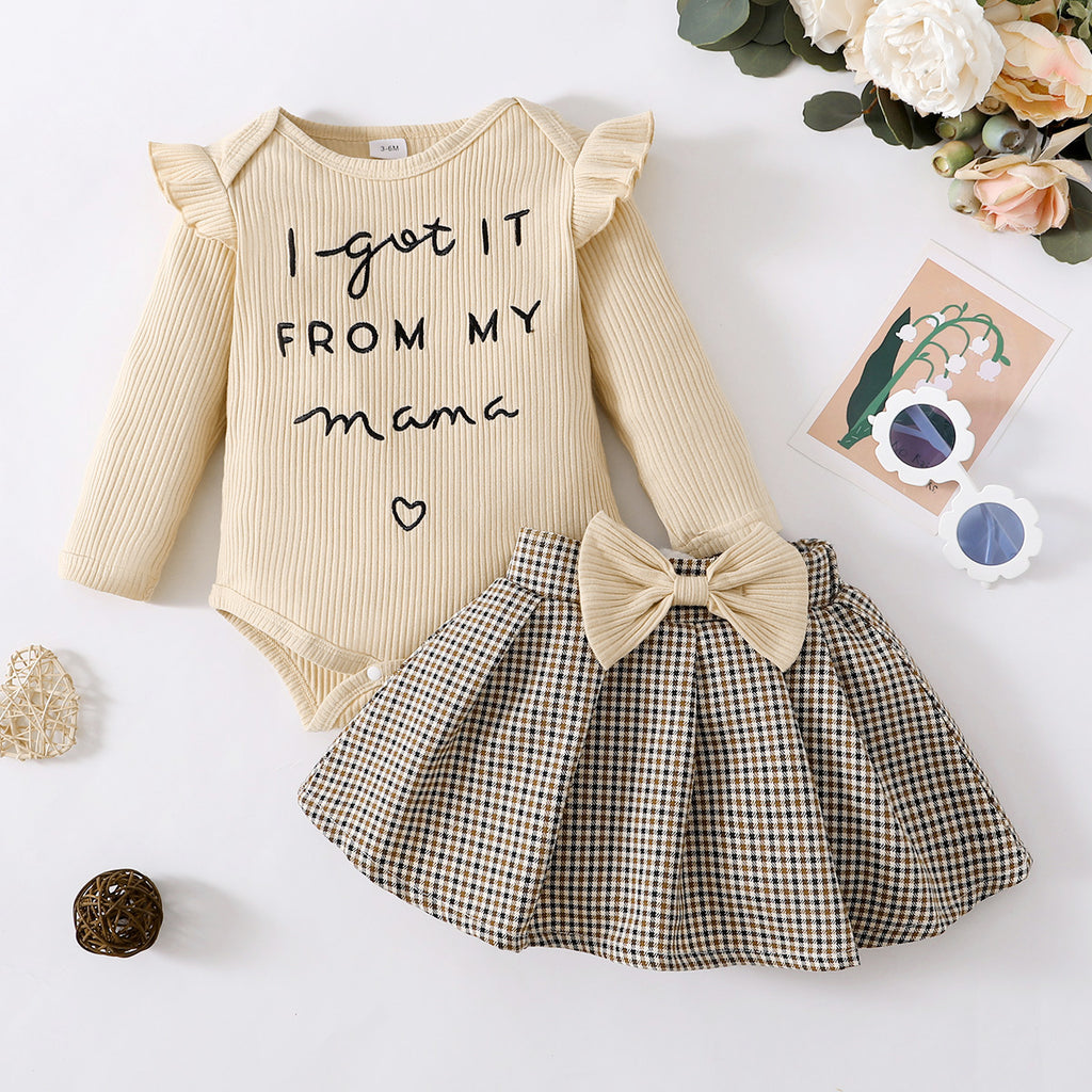 Wholesale Baby Solid Color Letter Pattern Ruffle-sleeve Bodysuit & Bow Knot Decor Plaid Skirt in Bulk - PrettyKid