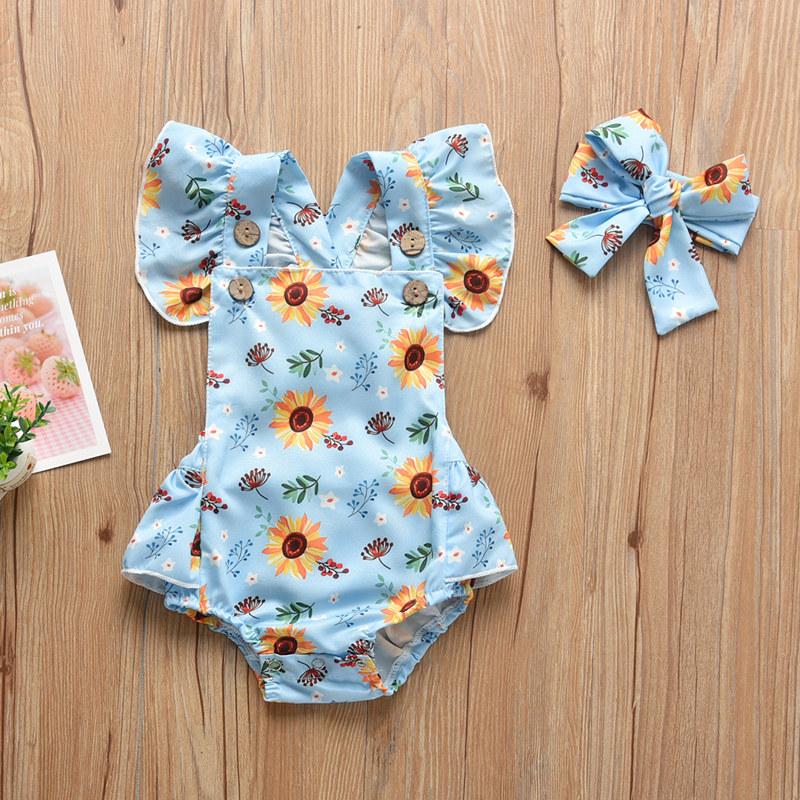 Baby Girl Floral Print Ruffle Armhole Bodysuit & Headband Children's Clothing - PrettyKid