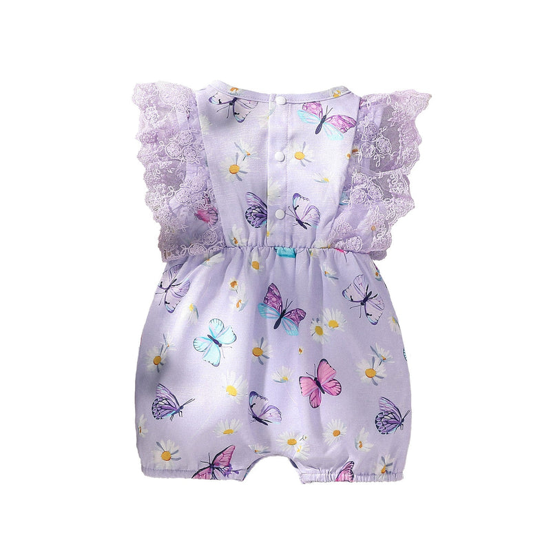 0-18M Sleeveless Butterfly-Print Lace-Trimmed Romper Wholesale Baby Clothes - PrettyKid