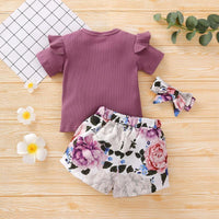 Toddler Girl 3pcs Floral Pattern Summer Suit Cami Top & Shorts & Hesdhand Wholesale Children's Clothing - PrettyKid