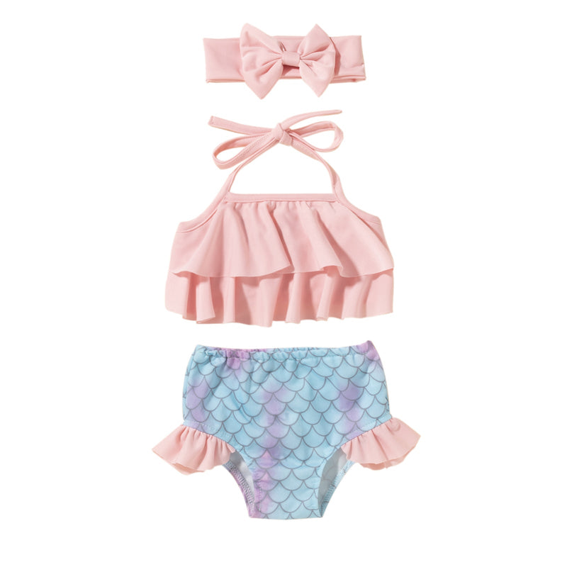 9M-4Y Little Girls Swimsuits Sets Ruffled Halter-Neck Top & Fish Scales Briefs Fashion Girl Wholesale - PrettyKid