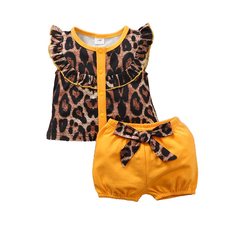 Baby Girl Leopard Pattern T-shirt & Shorts - PrettyKid