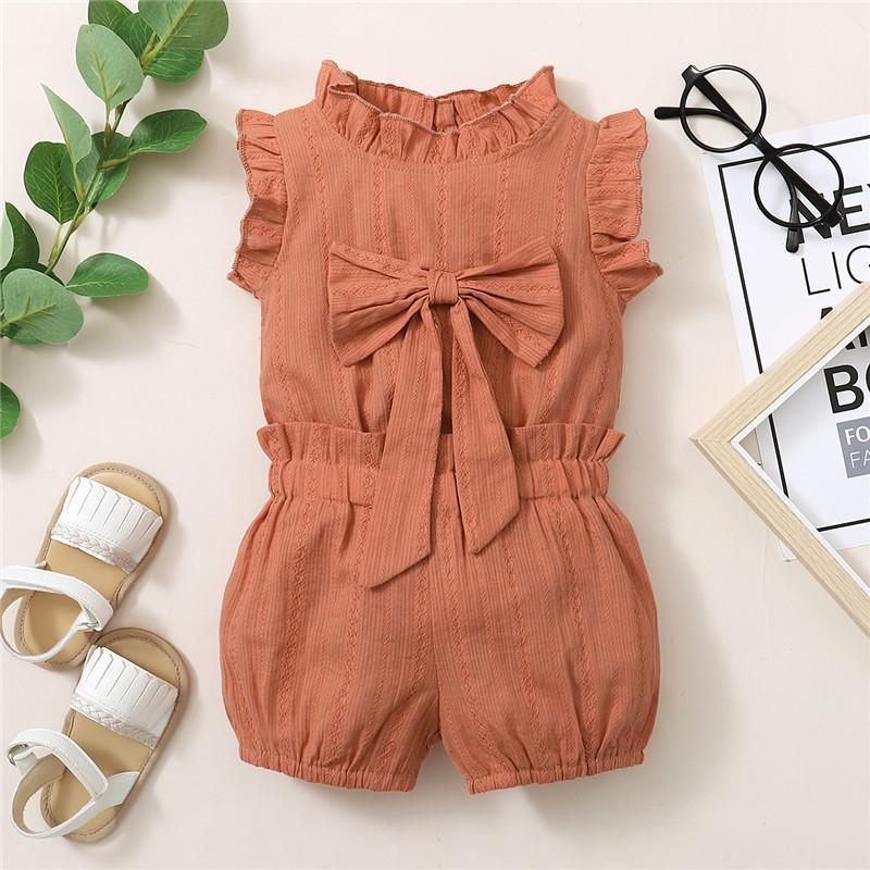 Baby Girl Solid Color Bow Decor Sleeveless Bodysuit & Ruffle Trim Shorts - PrettyKid