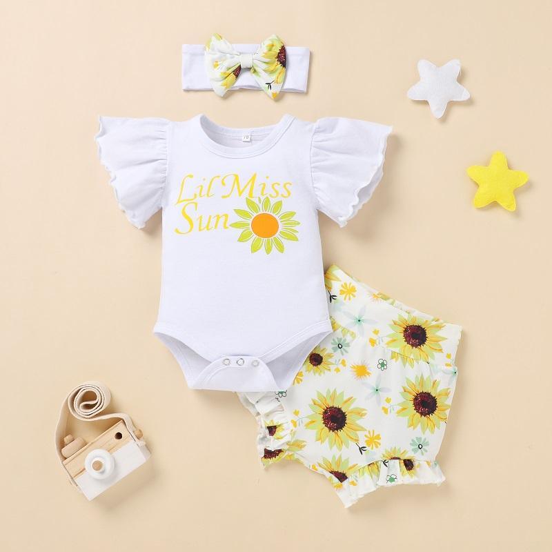 Baby Girl Fruit Pattern Romper & Super Shorts & Bowknot Headband - PrettyKid