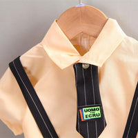 Toddler Boy Tie Decor Shirt & Plaid Suspender Shorts - PrettyKid