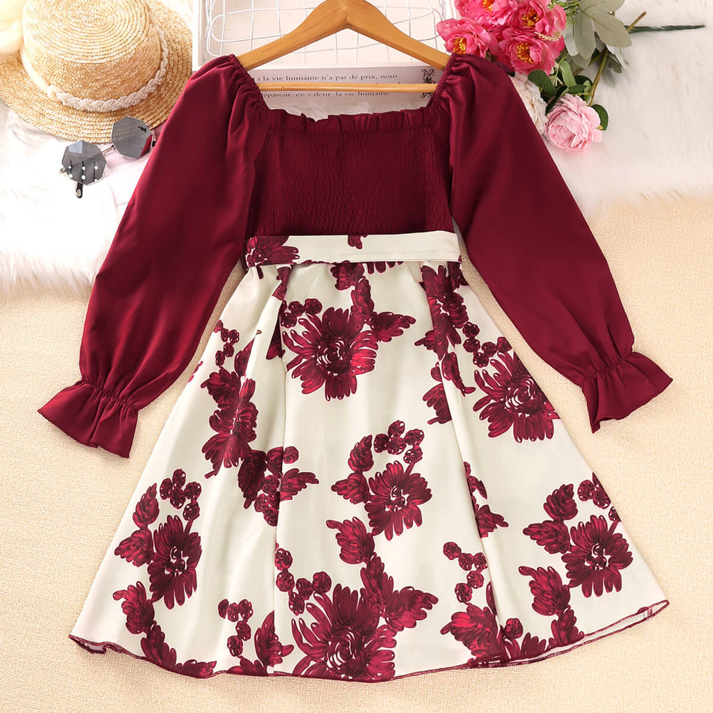Wholesale Kids Girls Sweet Floral Color Matching Princess Dress in Bulk - PrettyKid