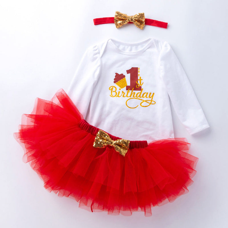 0-24M 1th Birthday Baby Girls Sets Bodysuit & Mesh Tutu Skirts & Headband Bulk Baby Clothes - PrettyKid