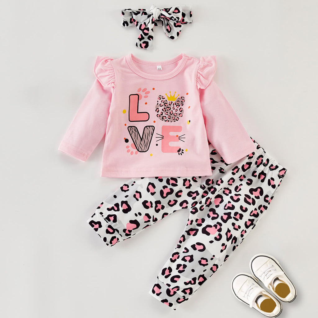 Toddler Girl Leopard Letter Print T-shirt&Trousers&Headband - PrettyKid