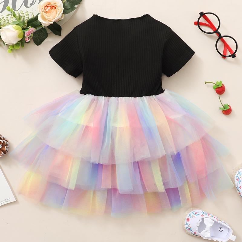 infant rompers wholesale Toddler Girl Color-block Mesh Hem Dress - PrettyKid