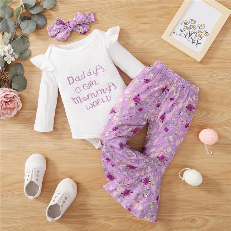kids clothing suppliers Baby Girl Letter Print Ribbed Bodysuit & Floral Print Flare Pants & Headband Wholesale Children's Clothing - PrettyKid